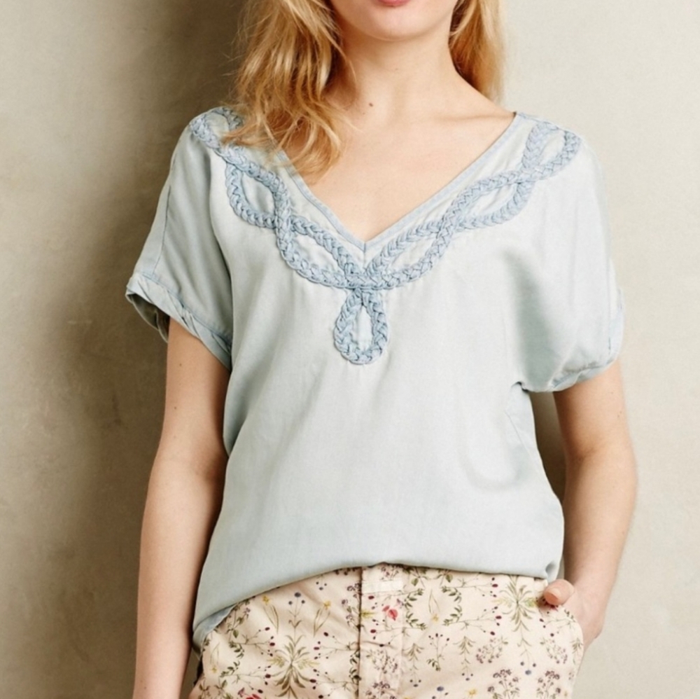 Holding Horses Braided Chambray Top Blouse M Great Condition!